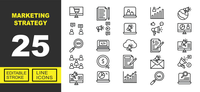 Marketing strategy line icon set. Vector pictograms of Monitor, Content, Webinar, Growth, Global, Discussion, Promotion, Advertising, Megaphone, Analytics, Magnifier, Coding. Editable stroke.