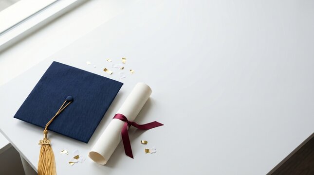 Graduation cap with 2026 tassel and diploma on white desk with copy space.