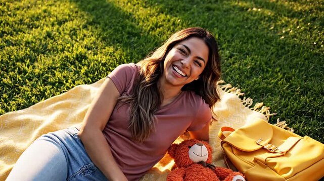 Happy woman laughing on picnic blanket in sunny park