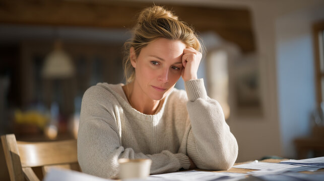 Exhausted first-time homebuyer in her thirties sits at kitchen table surrounded by printed mortgage rate documents, head in hands, coffee gone cold, spring sunlight through window, relatable financi