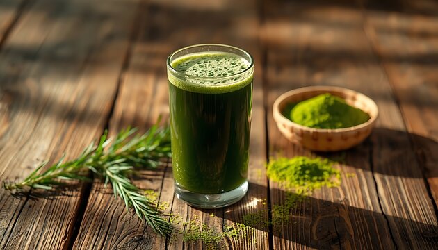 A refreshing glass of green juice with wheatgrass and spirulina powder on a wooden table in a healthy and natural setting for wellness and nutrition