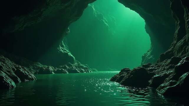 Ethereal Cave with Glowing Water and Reflections