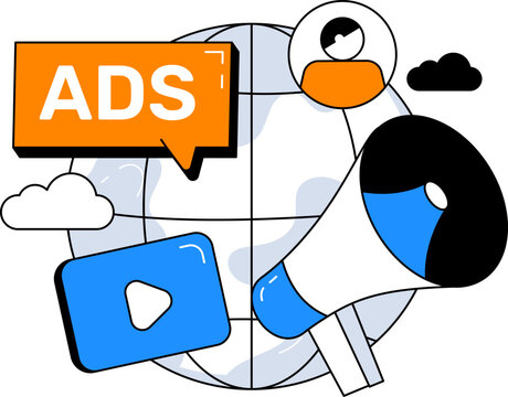 Ads speech bubble megaphone and video play icon for global digital marketing vector illustration