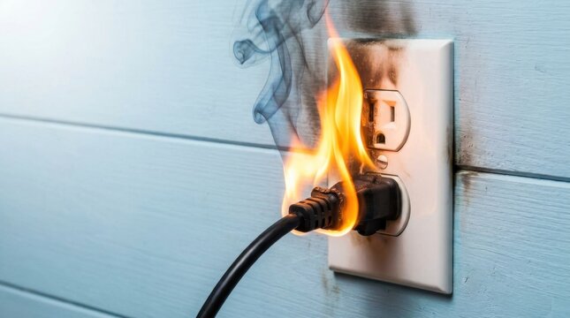 Burning electrical wall socket with flames and smoke coming from plugged in black cable.
