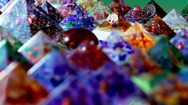 Colorful resin pyramids display crystal art with copper coils in a vibrant craft setting