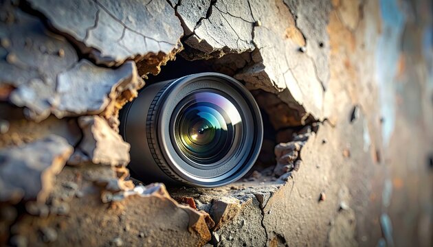 Camera lens peeking through cracked, distressed wall