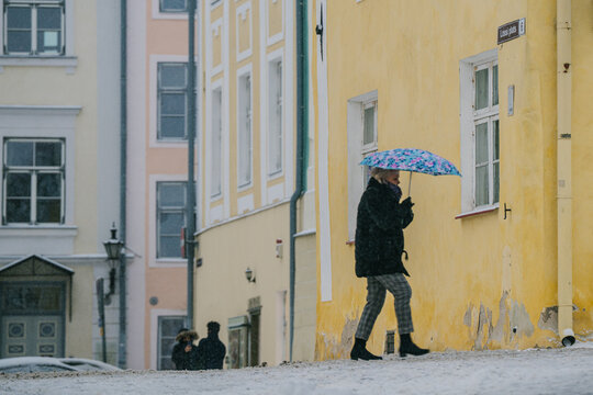 Tallinn, Estonia - 03 January 2025: View of a lone pedestrian braving the snowy streets near the vibrant yellow walls of a building, her colorful umbrella a stark contrast to the monochrome cityscape.