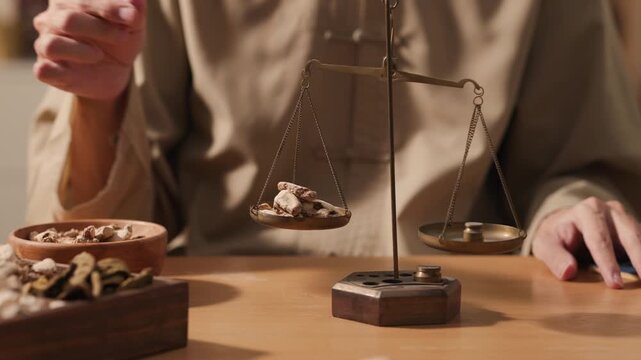 Close-up of practitioner selecting dried herbal slices and placing them on a balance scale. Demonstrates precise dosing and ingredient selection in traditional Chinese medicine preparation.