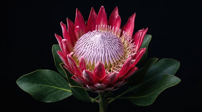 King protea flower with red petals and green leaves against a dark background south africa botanical isolated