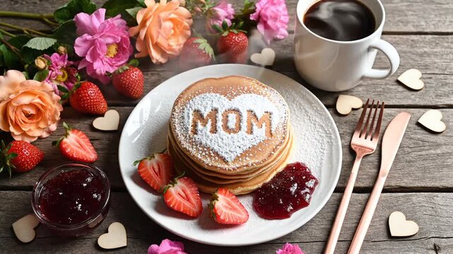 Mothers Day breakfast pancakes with strawberries and roses on wood