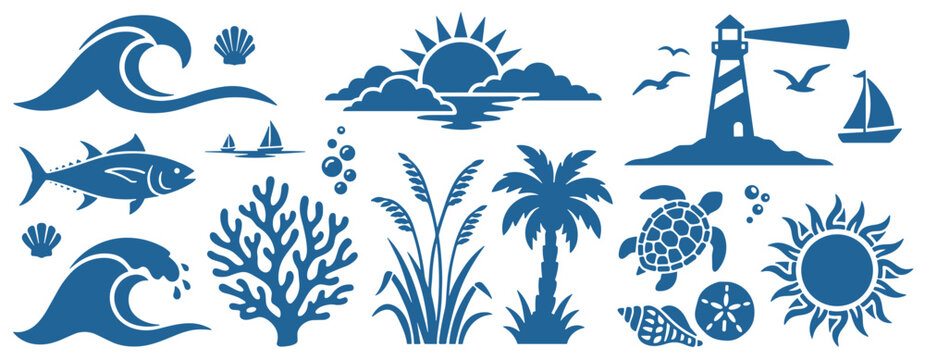 Ocean Summer Silhouette Collection: Nautical Waves, Palm Tree, Sea Turtle, Coral Reef, and Lighthouse Icons in Minimalist Blue Vector Style