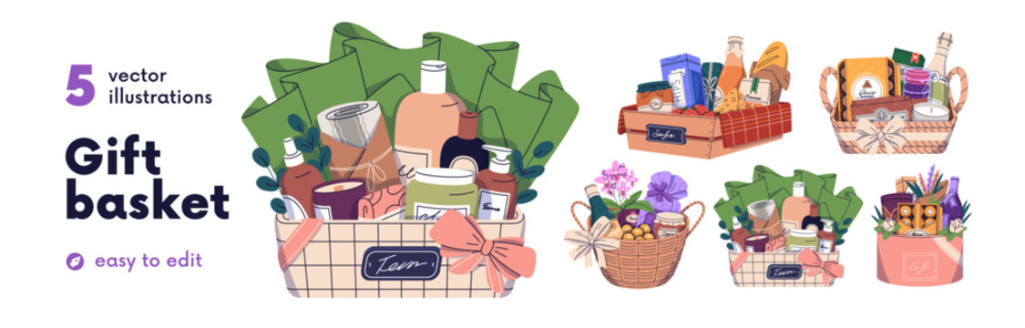 Gift baskets, holiday presents set. Food, sweets and cosmetics kits. Snacks, wine, beauty products, confectionery in wood box, wicker, hamper. Flat vector illustration isolated on white background