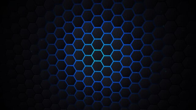 Animated glowing blue hexagonal grid pattern with subtle shimmering effects on a dark textured surface providing a futuristic abstract background for digital media applications