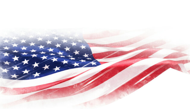 American flag watercolor illustration, patriotic USA stars and stripes banner, artistic United States national flag with soft painterly texture isolated PNG with Transparent Background