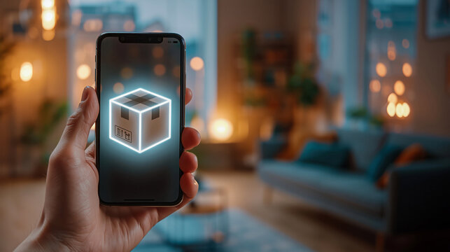 Hand holding smartphone with glowing package delivery icon, online shopping and logistics service concept
