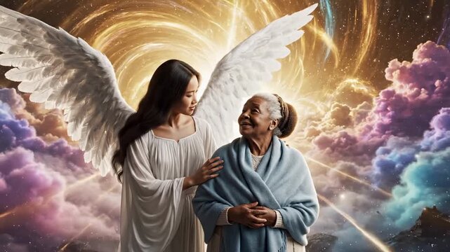 Angel Comforting Elderly Woman In Luminous Clouds, Guardian Wings And Golden Halo Surround Compassionate Scene, Gentle Embrace And Serene Expression Evoke Spiritual Solace, Hospice Companion Guiding.