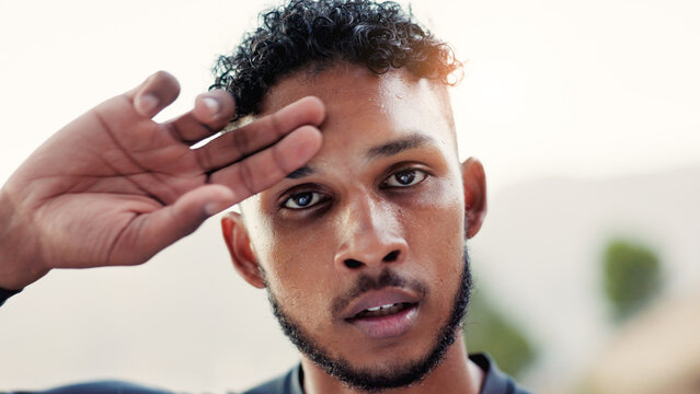 Portrait, man and sweating outdoor with workout break, training fatigue and recovery for wellness. Exhausted, active person and athlete rest with cardio exercise, fitness and breathing for cool down.