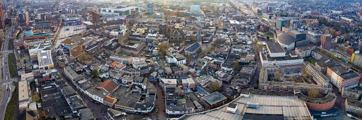 Fototapeta premium A panoramic Aerial view of the old town of the city Enschede on a sunny autumn afternoon in the netherlands..