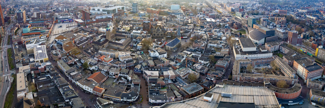 A panoramic Aerial  view of the old town of the city Enschede on a sunny autumn afternoon in the netherlands..