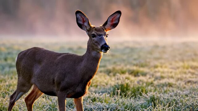 Mule Deer Grazing in Misty Meadow at Sunrise.