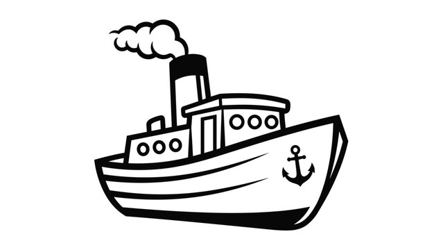Simple black and white line drawing of a classic tugboat with a smokestack emitting a puff of smoke and an anchor for a children coloring page.