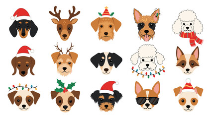 Fototapeta premium Festive collection of fifteen dog breed portraits wearing various christmas hats, antlers, and holiday accessories.