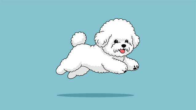 Energetic white bichon frise dog jumping joyfully in the air against a vibrant light blue background with a shadow.