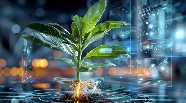 A leaf, a hydroponic plant, and its roots glow against a backdrop of technologically advanced images and blurred scenery, showcasing technological agriculture,