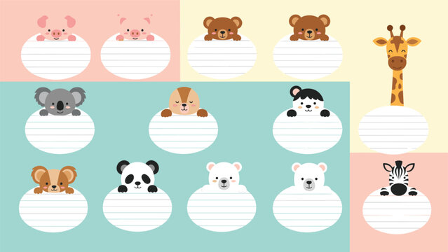 Assortment of cute animal faces including panda and giraffe on oval lined note stickers with colorful pastel backgrounds.