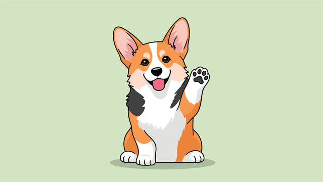 Happy pembroke welsh corgi dog sitting and waving with its front paw against a soft green background vector illustration.