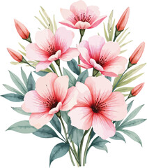 Obraz premium Pink hibiscus bouquet with buds and green foliage in watercolor