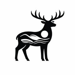 Fototapeta premium Minimal Deer Silhouette with Abstract Nature Waves and Sun Vector Design