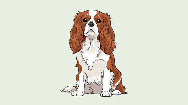 Charming cavalier king charles spaniel with long wavy brown and white fur sitting attentively in a flat vector style for a pet store flyer.