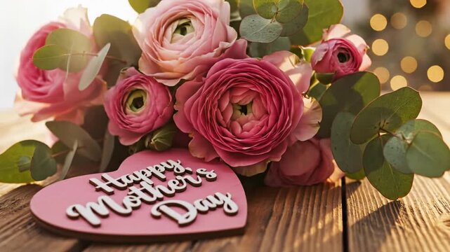 Pink ranunculus bouquet and heart sign on wooden table