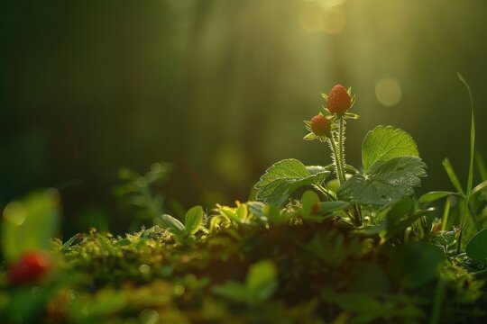 wild strawberries, close-up of fresh berries, ripe berries, organic food  