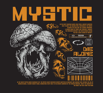 Vector illustration streetwear of mushroom and mystic text for T-Shirt design with slogan and distortion artwork