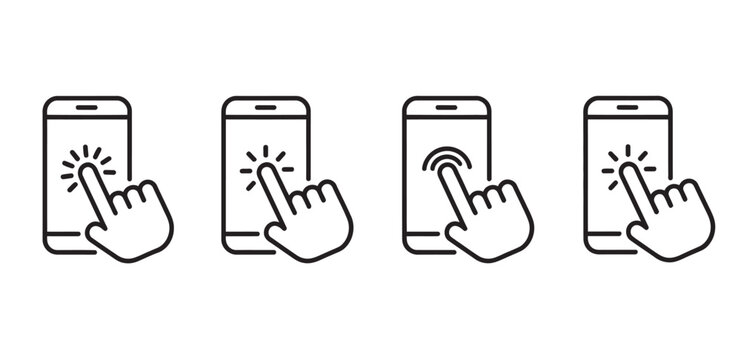Set of four hand cursor icons touching a smartphone screen for digital interaction.