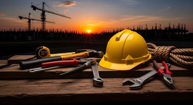 Construction tools and yellow hard hat on wooden planks at sunset
