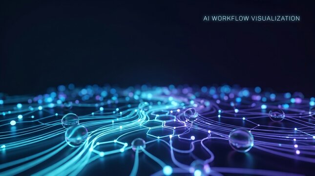 Abstract visualization of interconnected glowing nodes and lines representing artificial intelligence workflows and data flow with transparent spheres.