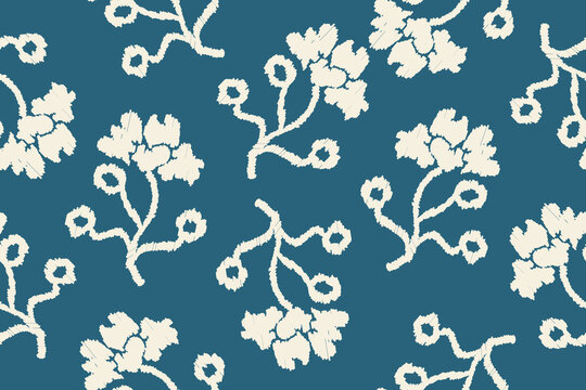 Minimalist Ikat Blossom Seamless Pattern, Teal Blue Ethnic Tribal Floral Print, Hand-Drawn Botanical Motifs, Vintage Hand-Sketched Textile Background for Apparel and Wallpaper Design