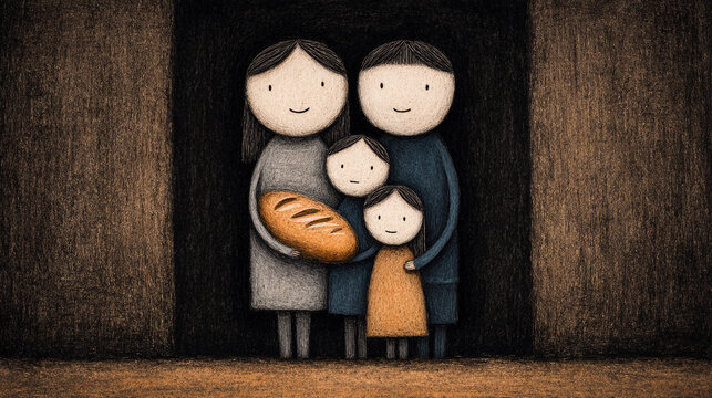 A family huddled together around a flickering candle, sharing a single, meager loaf of bread, in a cramped, dimly lit room, with minimalist elements