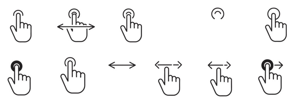 Collection of hand cursor and gesture icons for touch screen interaction and navigation