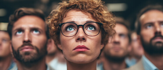 Fototapeta premium A group of people huddled together, their faces etched with worry as they watch the inflation ticker climb relentlessly on a giant screen, in a bustling city square