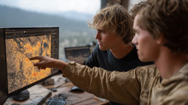 Climate AI wildfire smoke plume forecasting model on split screen, left side satellite thermal image, right side AI predicted smoke dispersion map for following seventy-two hours, two analysts point