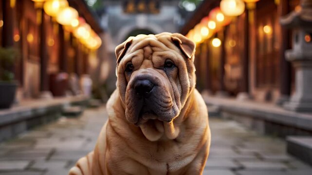 Close-Up of a Calm Shar Pei Dog in a Traditional Chinese Courtyard Under Lantern Light