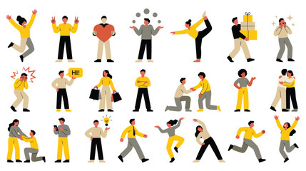 Set of diverse flat characters expressing different emotions and actions.