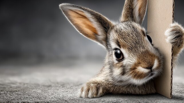 A curious rabbit peeking from behind a cardboard sign.
