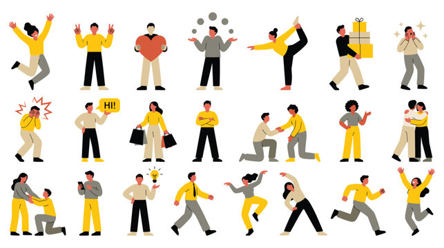 Set of diverse flat characters expressing different emotions and actions.