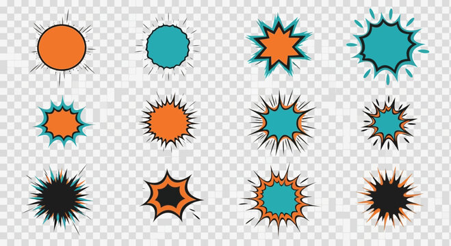 Comic book style explosive burst shapes on transparent background
