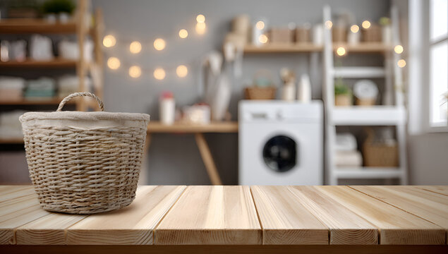 Empty wooden table with laundry basket in a blurred background of a modern laundry room with washing machine.